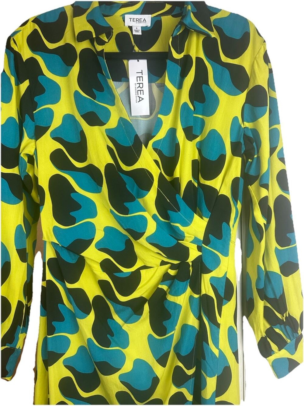Terea by Andrea Pitter Women’s Citronelle Cell Print Midi Dress Faux Wrap Small